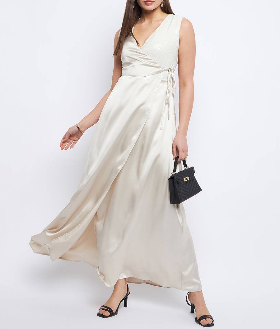 Every Occasian Surplice Neck Off-White Sequin Dress for women