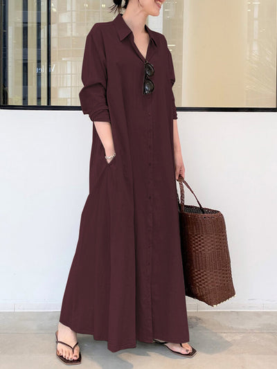 Solid Color Pocket Button Long Sleeve Casual Dress for Women